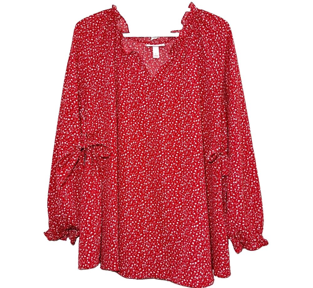 Isabel Ingrid + Isabel Maternity Blouse Large Red Floral Long Sleeve Tie Sleeve